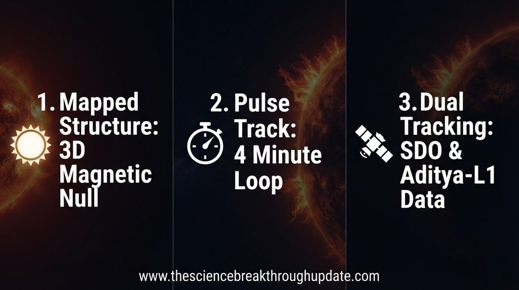 Educational space physics FAQ infographic displaying short text panels for the mapped 3D magnetic null structure, 4 minute pulse track loop, and dual SDO and Aditya-L1 data tracking.
