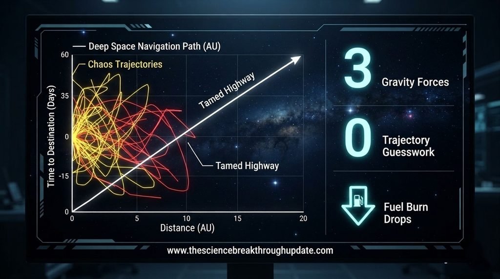  Technical dashboard grid line plot chart comparing chaotic deep space trajectories against the mathematically optimized tamed space highway path
