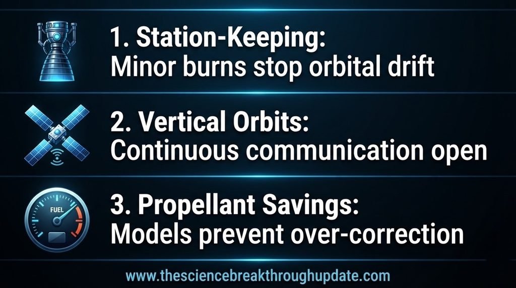  Educational FAQ infographic explainer screen layout detailing deep space station keeping vertical orbits and spacecraft propellant savings

