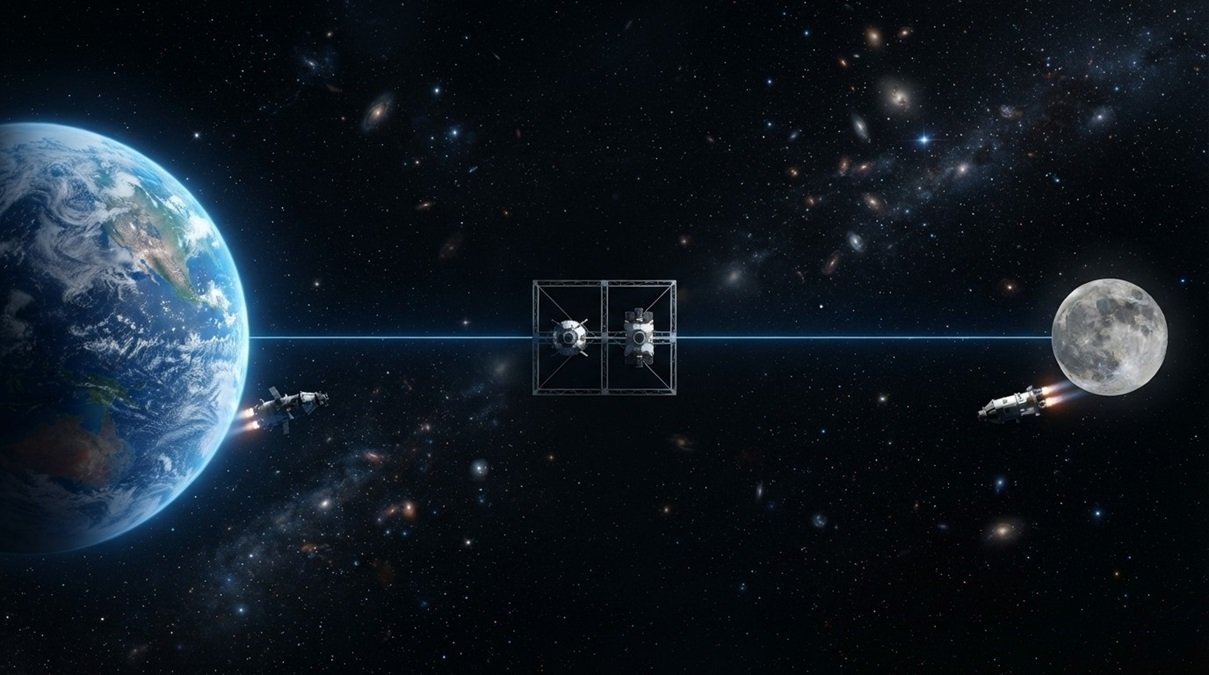 Space highways tamed for Earth Moon parking spots showcasing multiple transit vessels anchored on stable orbital corridors near the lunar surface