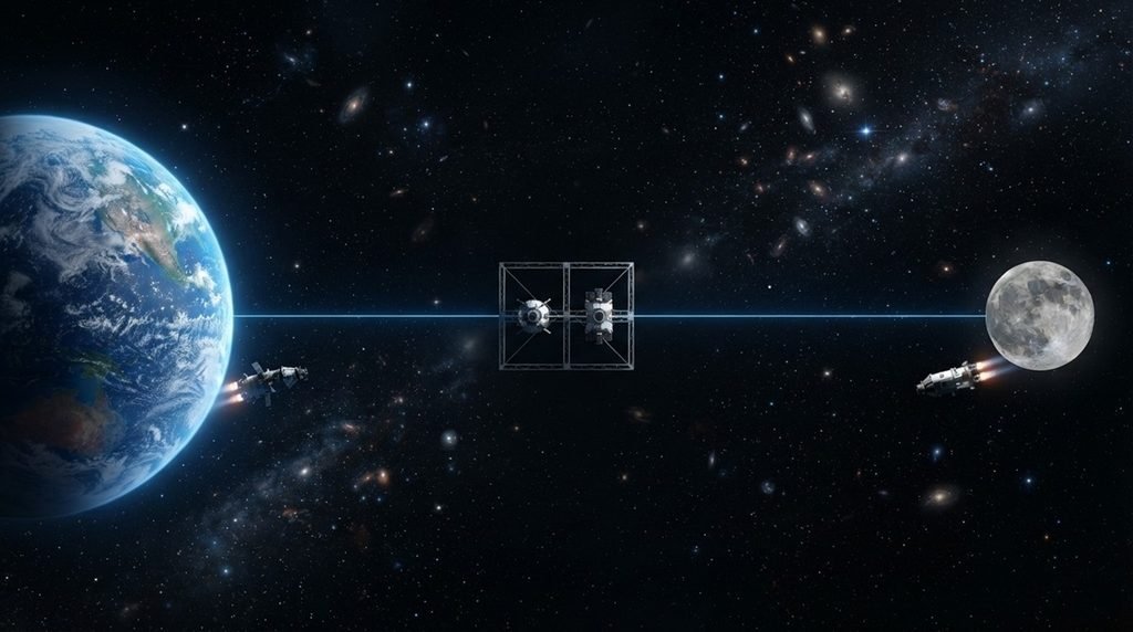  Space highways tamed for Earth Moon parking spots showcasing multiple transit vessels anchored on stable orbital corridors near the lunar surface

