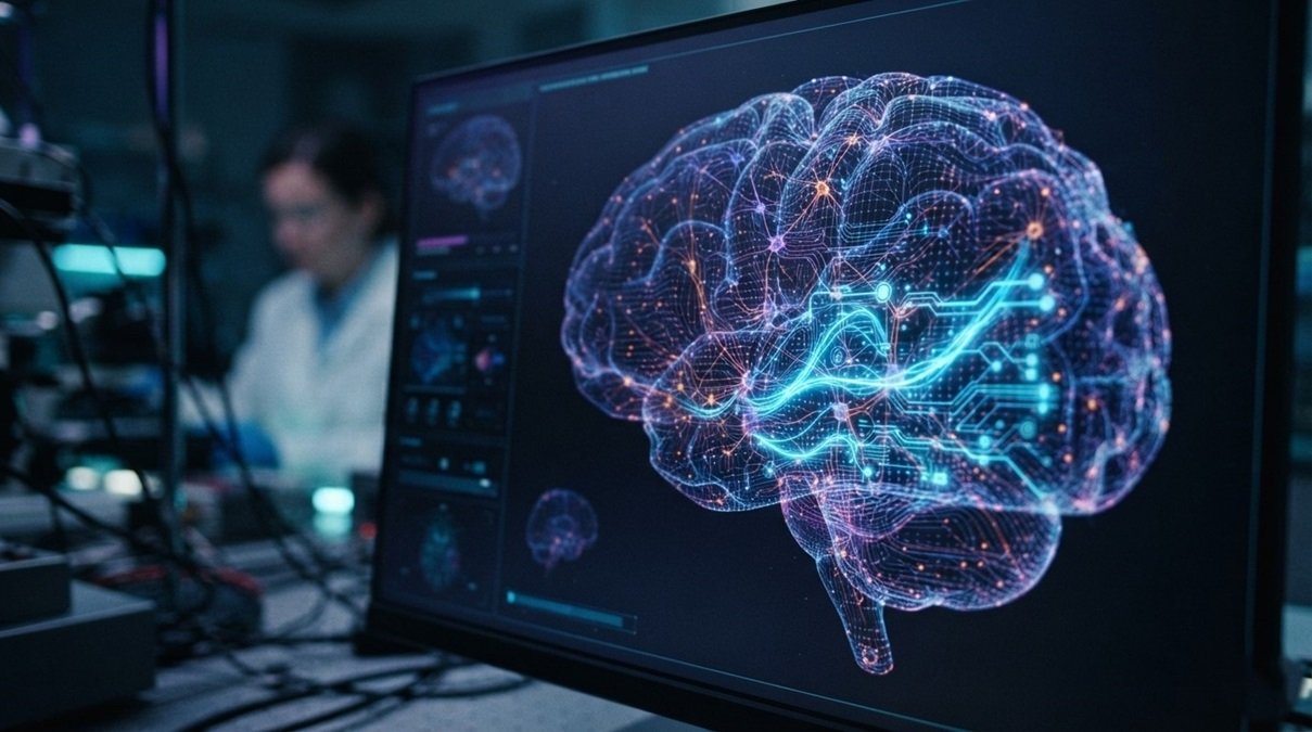 Spaced repetition AI model analyzing human memory decay paths on a high tech computer monitor setup