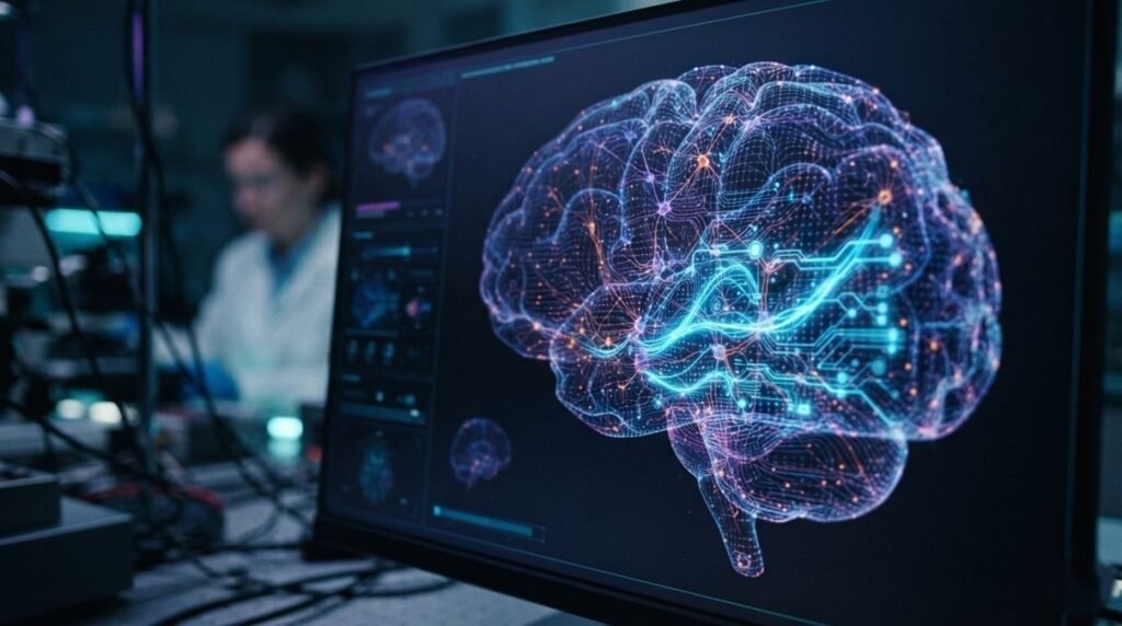 Spaced repetition AI model analyzing human memory decay paths on a high tech computer monitor setup