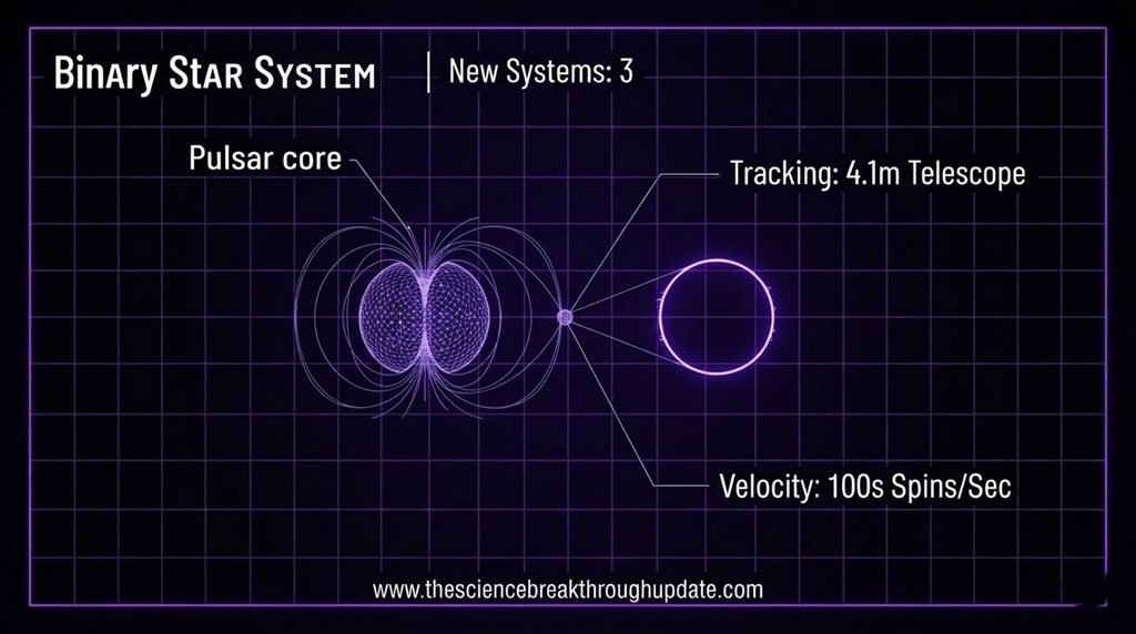 Technical blueprint schematic graph showing velocity and SOAR telescope telemetry data for three new spider pulsar systems