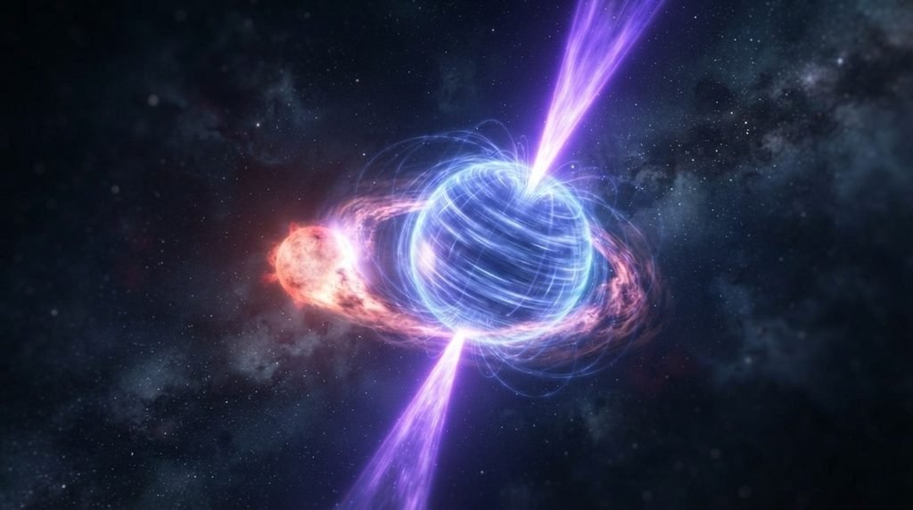 Massive spider pulsar star violently vaporizing its binary companion star in deep space