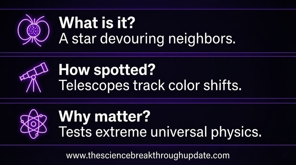 Educational explainer infographic with physics and telescope icons answering core questions about spider pulsars