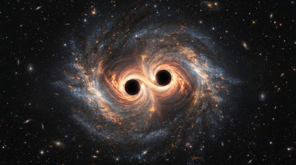 Two supermassive black holes locked in a gravitational death spiral inside a dark active galactic core.