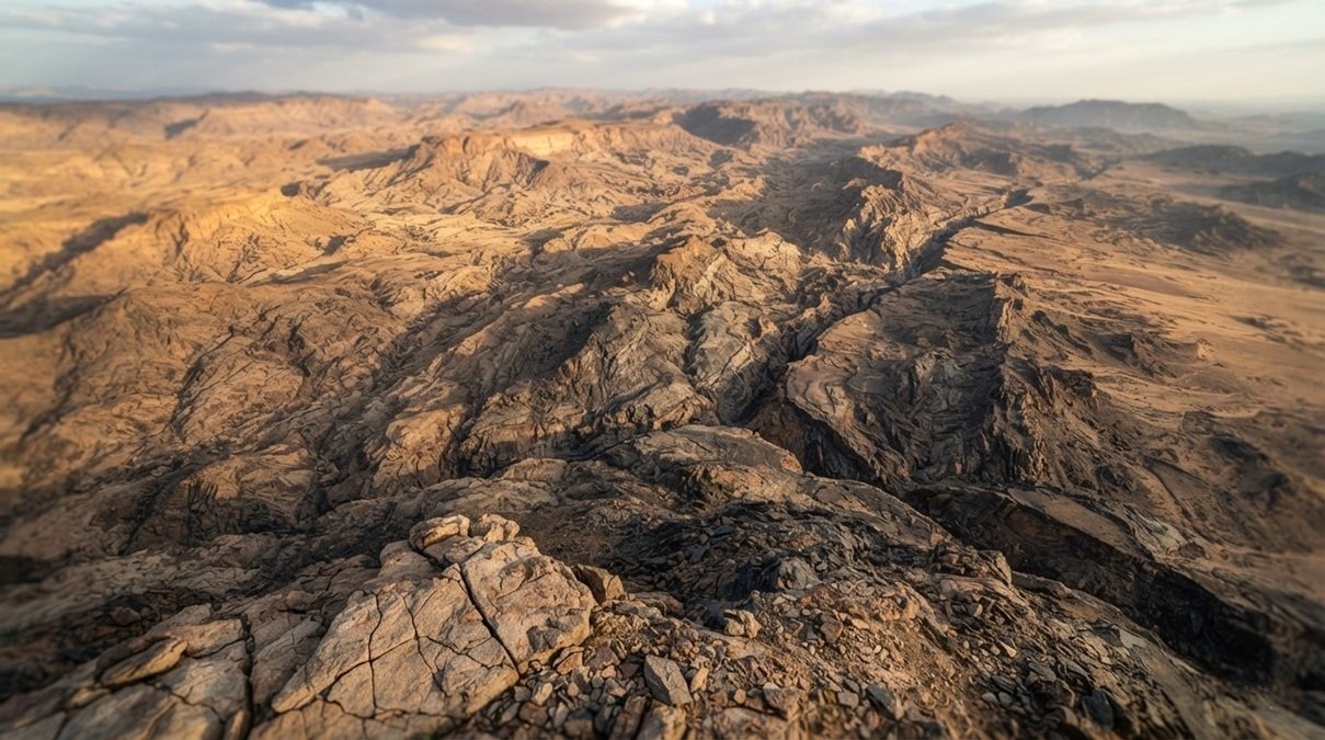 • Cinematic 8K documentary photograph of interlocking tectonic plate networks and mountain fault lines under golden hour sunlight