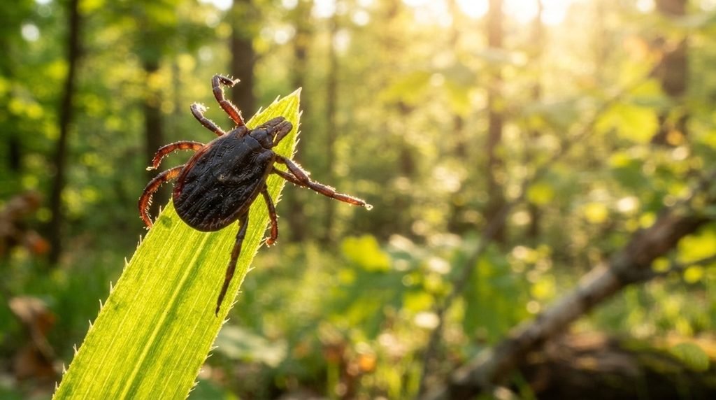  A hyper-detailed macro photograph of a deer tick questing on a blade of grass in vivid golden hour sunlight representing the focus keyword ticks hunt humans.
