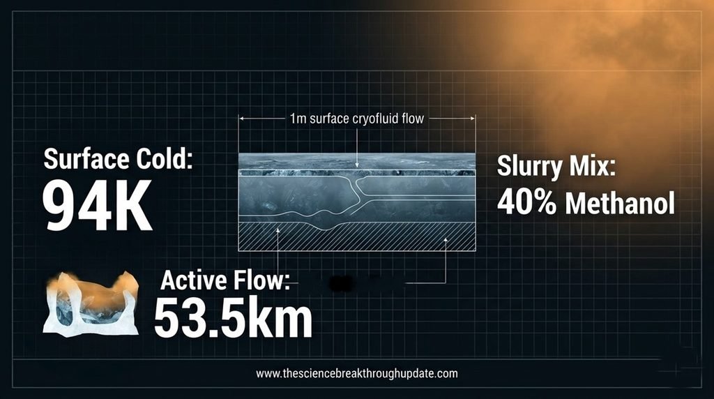 Technical science infographic showing Titan surface temperature of 94K, 40 percent methanol slurry composition, and a 53.5km active flow diagram