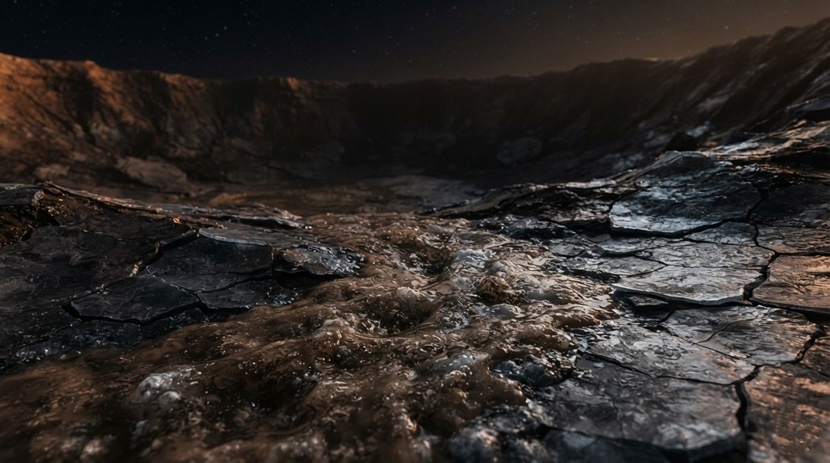An 8K cinematic view of active cryolava flows traveling across the cracked ice surface of Saturn's moon Titan inside Sotra Patera.