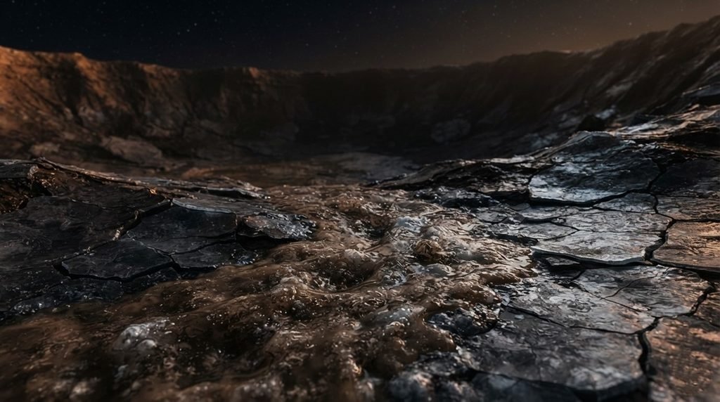 An 8K cinematic view of active cryolava flows traveling across the cracked ice surface of Saturn's moon Titan inside Sotra Patera.