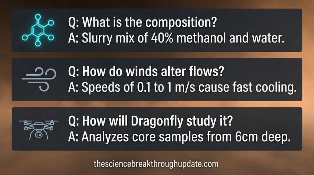 โข Space biology FAQ panel infographic explaining Titan's cryolava composition, atmospheric wind cooling effects, and NASA's Dragonfly drill sampling metrics.