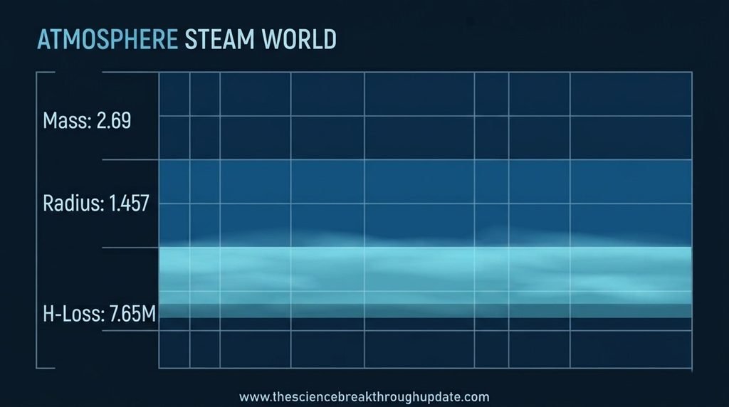 Technical science data chart illustrating the exact mass, radius, and hydrogen loss metrics of steam world candidate TOI-2211 b