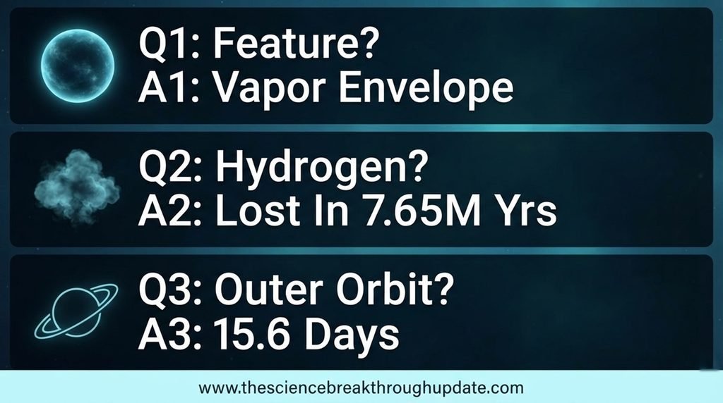 Visual FAQ infographic explaining the vapor envelope, hydrogen loss timeline, and outer companion orbit of exoplanet TOI-2211 b
