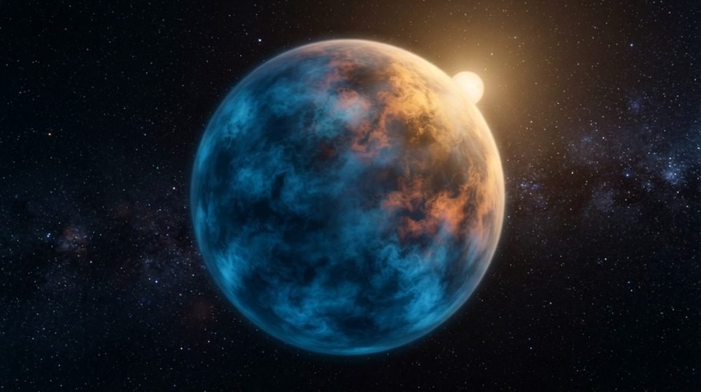 space photograph of super-Earth exoplanet TOI-2211 b with a dense water vapor atmosphere orbiting its host star