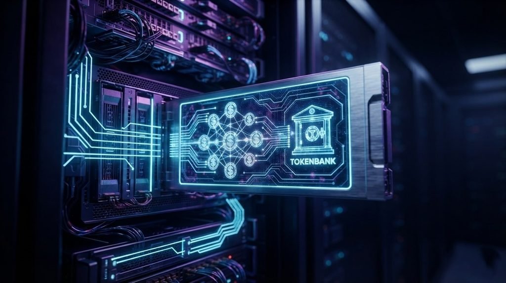  TokenBank autonomous hardware server running machine finance infrastructure inside a cloud data center.