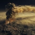 Active Venus volcanism showing a massive planetary eruption with turbulent volcanic gas clouds bending horizontally under heavy lower-atmosphere winds across a dark space background.