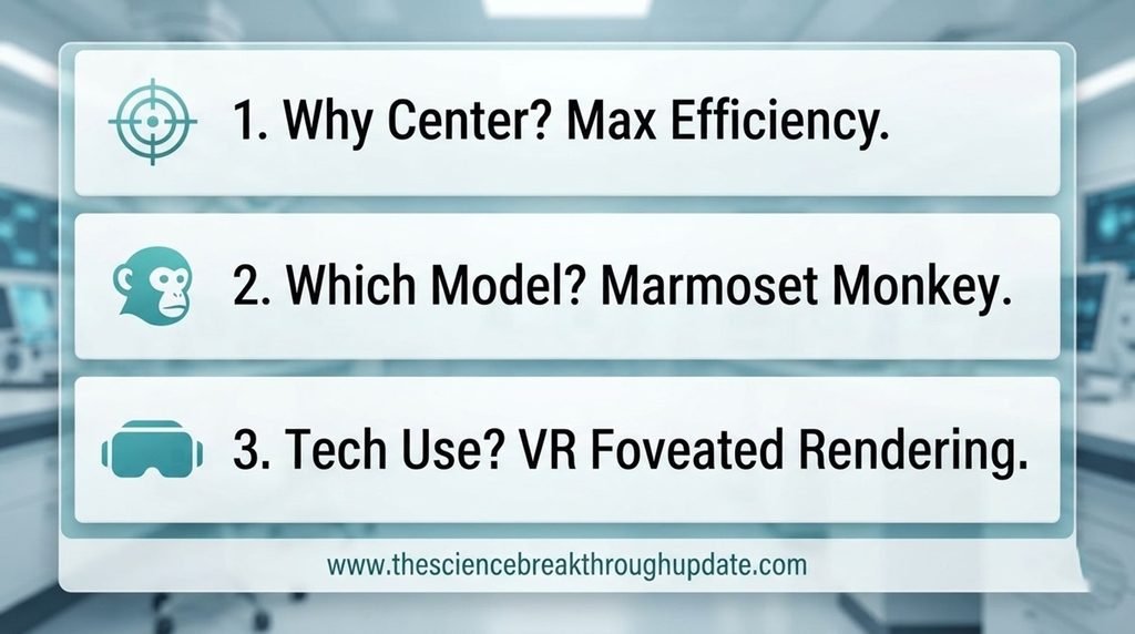  Educational science FAQ infographic explaining visual cortex max efficiency and virtual reality foveated rendering with target and VR headset icons
