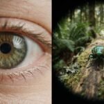 Macro split shot of a realistic human eye next to a sharp colorful insect with blurred peripheral background showing visual cortex sight distortion