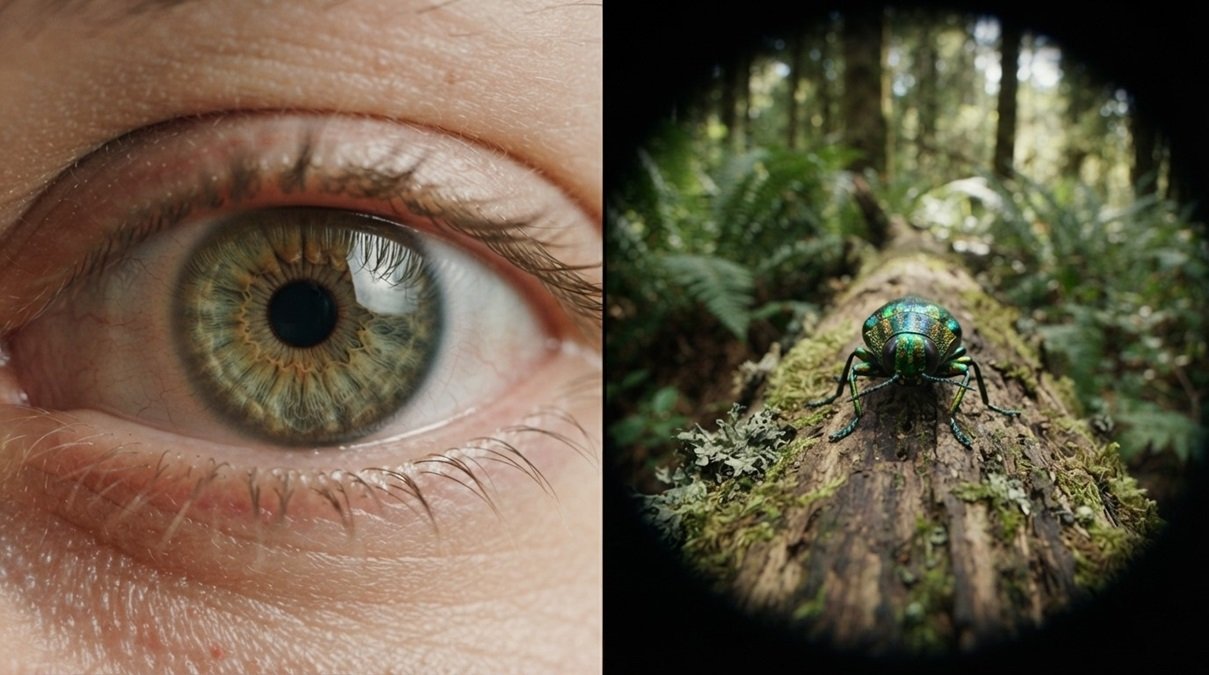 Macro split shot of a realistic human eye next to a sharp colorful insect with blurred peripheral background showing visual cortex sight distortion