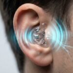 Wireless earpiece worn in human ear emitting glowing blue ultrasonic waves for stress relief