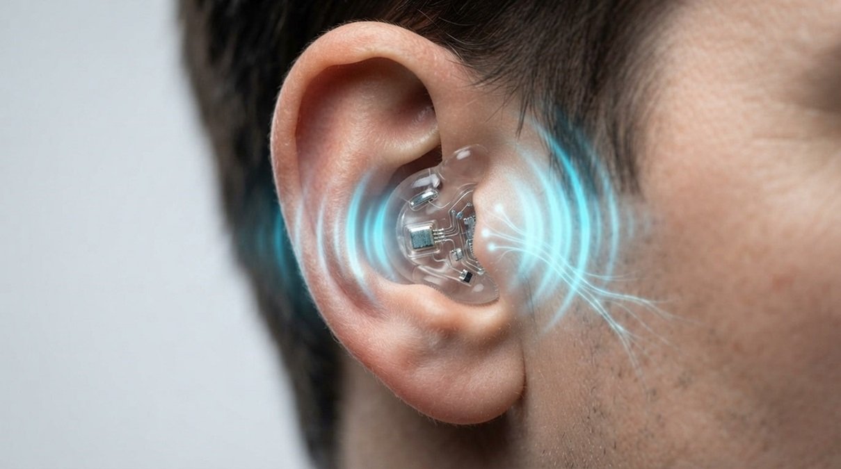 Wireless earpiece worn in human ear emitting glowing blue ultrasonic waves for stress relief