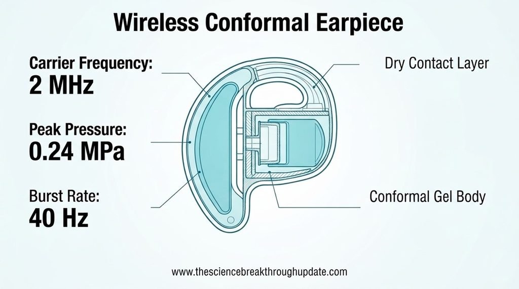 Technical blueprint diagram of the wireless earpiece detailing 2 MHz carrier frequency and 0.24 MPa peak pressure metrics