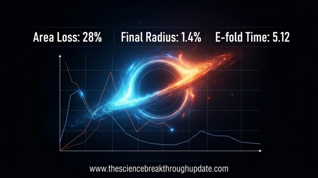 Astrophysics data graph displaying 28 percent area loss and final radius during a wormhole collision simulation